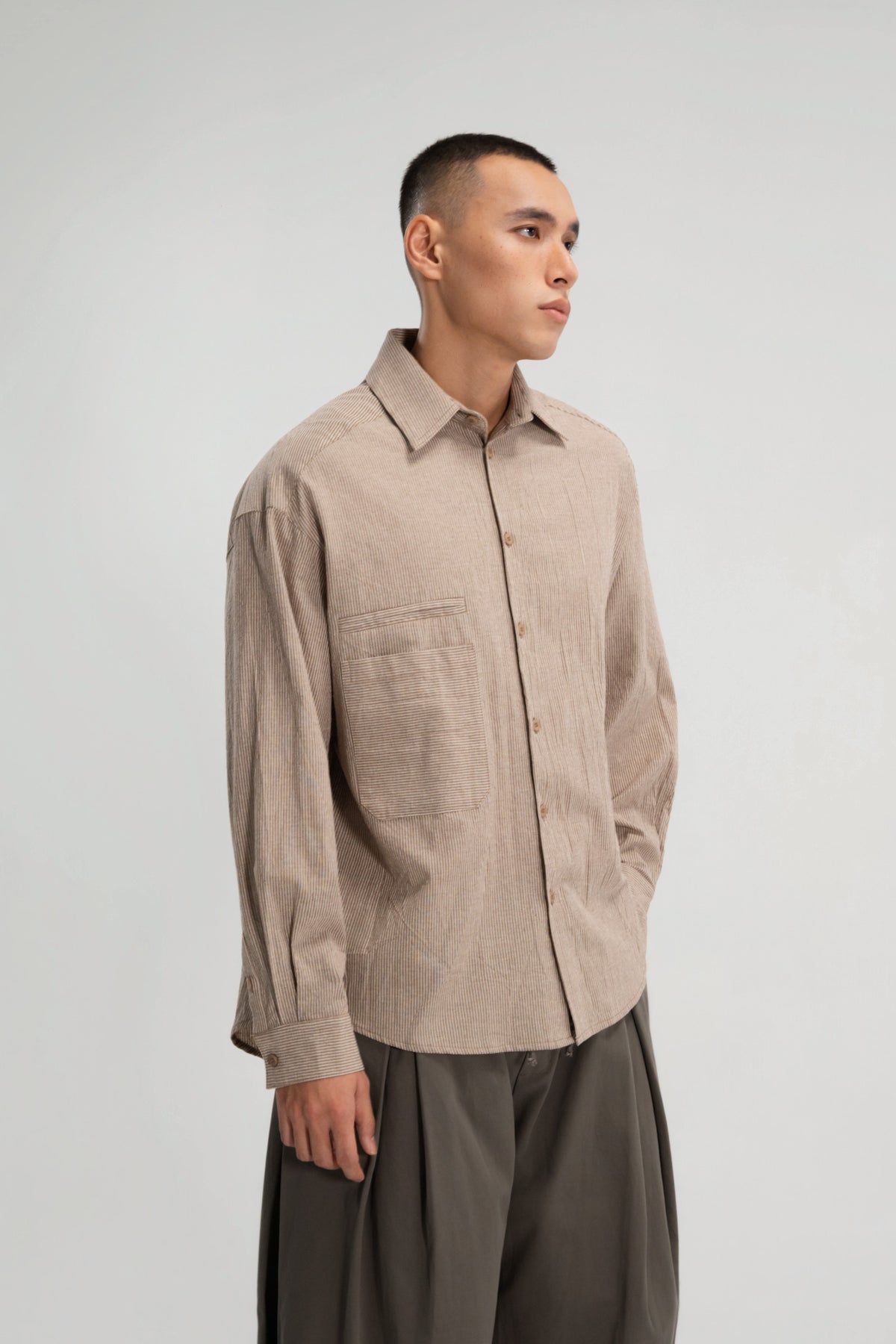 Gender Neutral Oversized Arm Long Sleeve Blouse (Khaki Pinstripe)