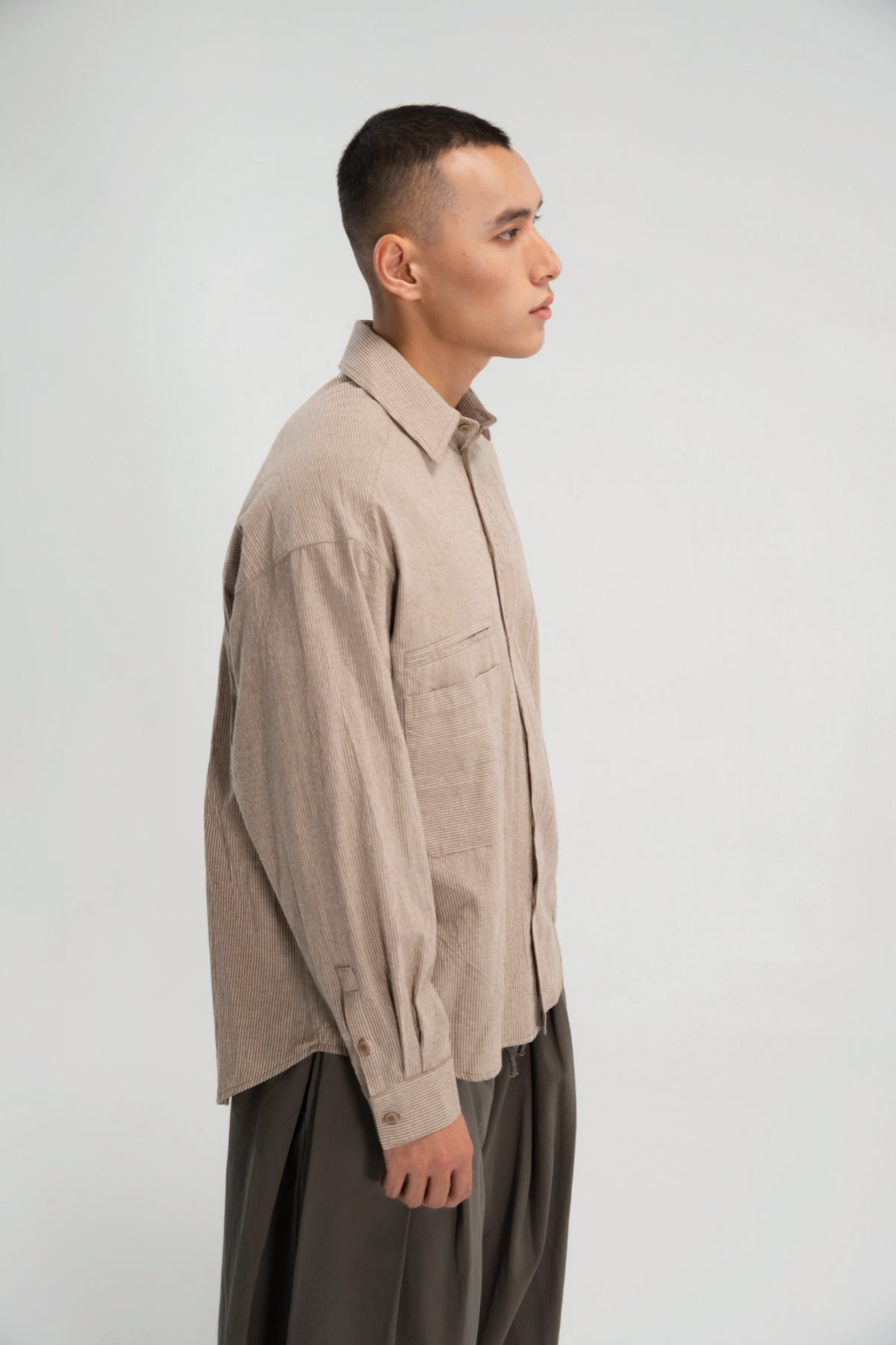Gender Neutral Oversized Arm Long Sleeve Blouse (Khaki Pinstripe)
