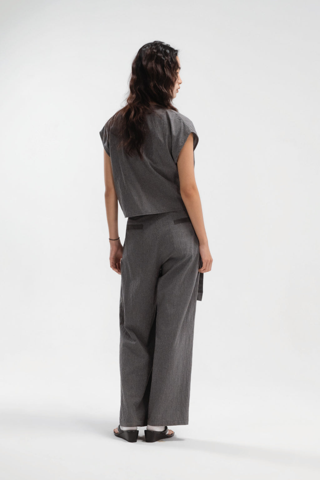 Wrap Crop Cap Sleeve Top (Grey Pinstripe)