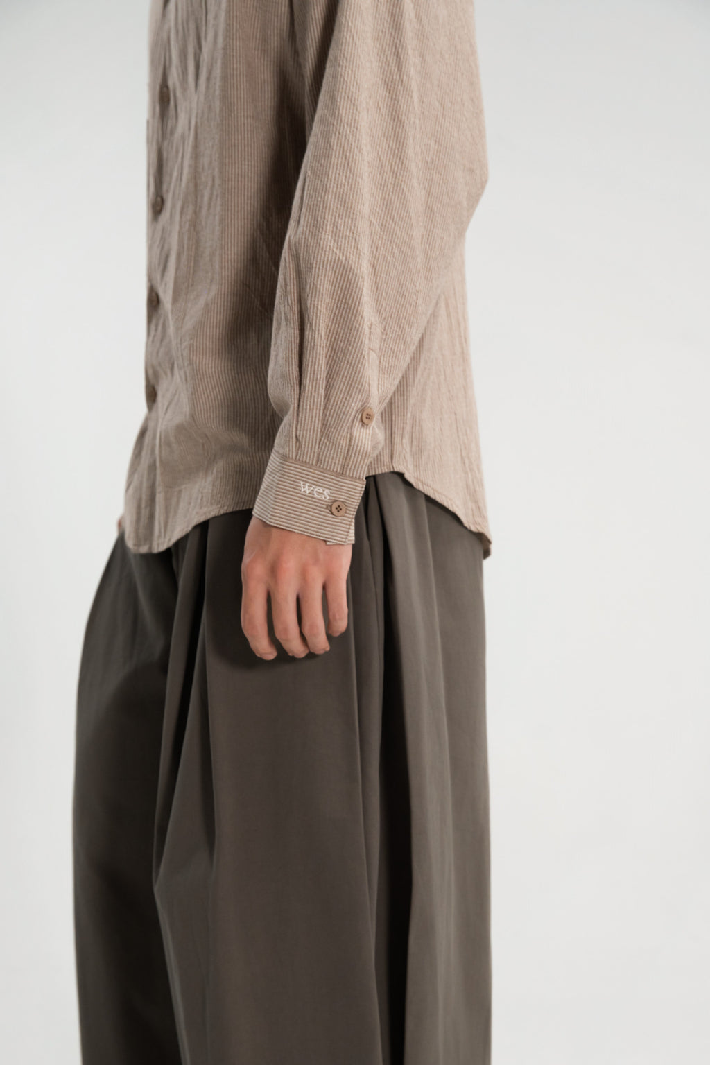 Gender Neutral Oversized Arm Long Sleeve Blouse (Khaki Pinstripe)