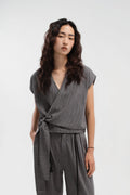 Wrap Crop Cap Sleeve Top (Grey Pinstripe)
