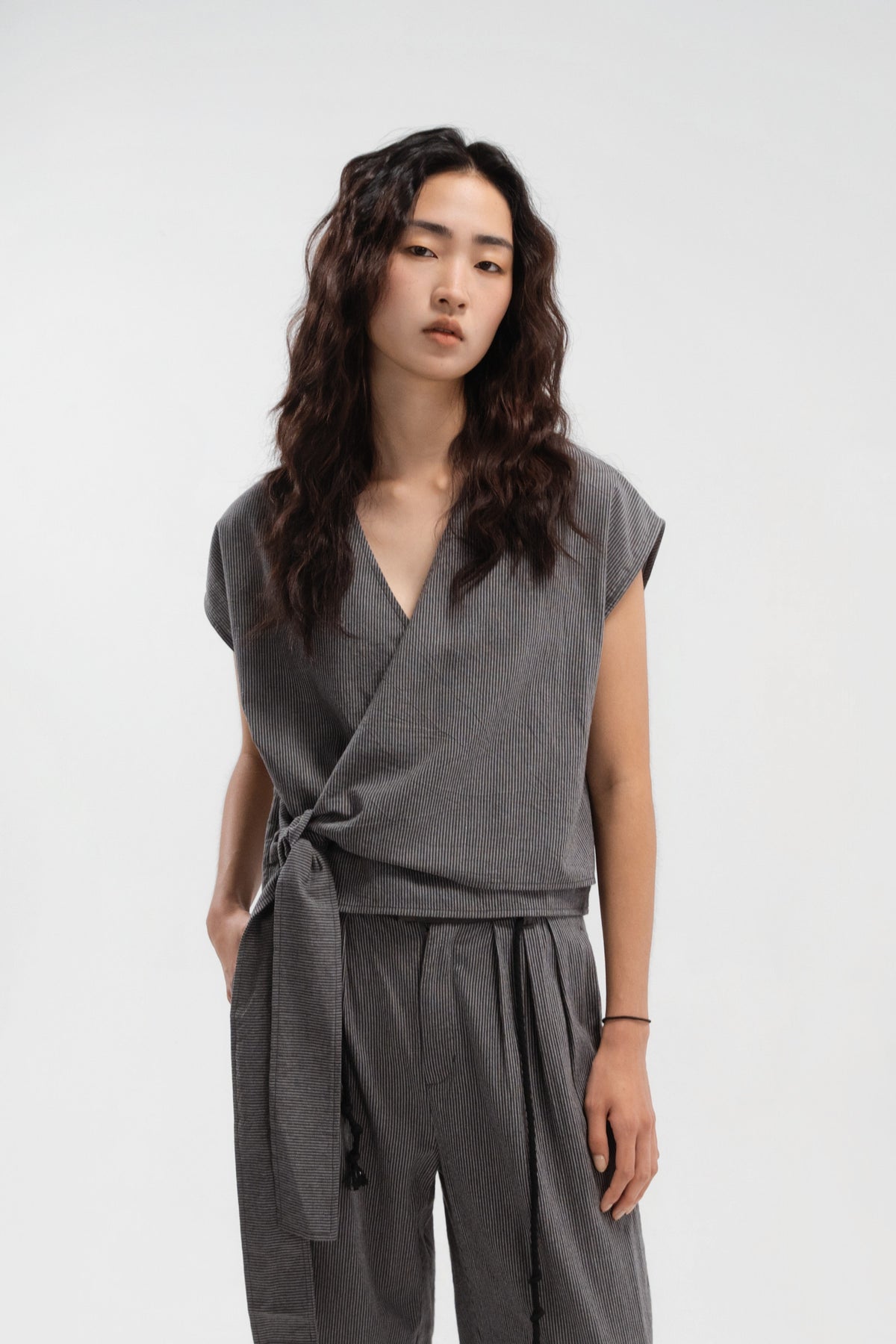 Wrap Crop Cap Sleeve Top (Grey Pinstripe)