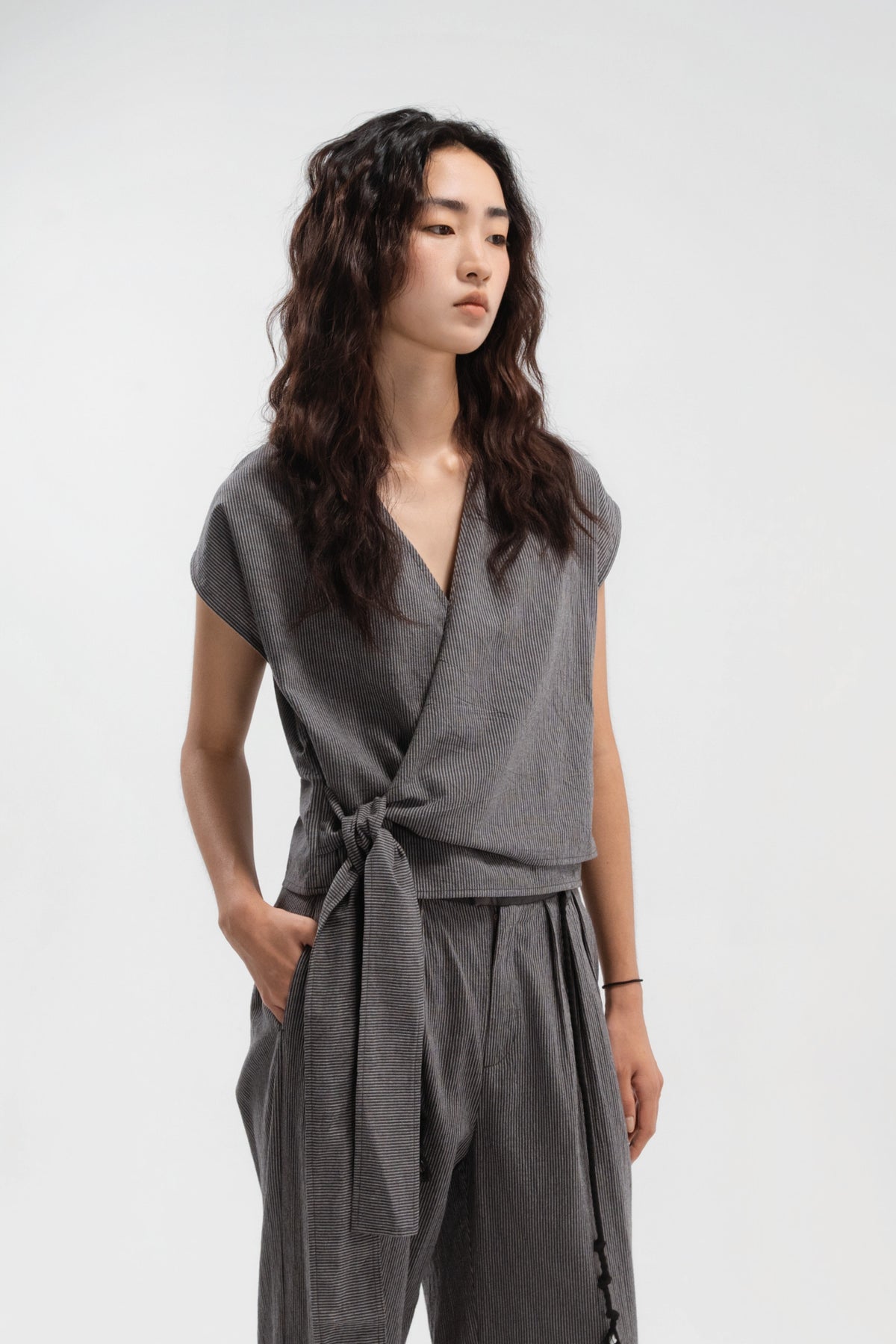 Wrap Crop Cap Sleeve Top (Grey Pinstripe)