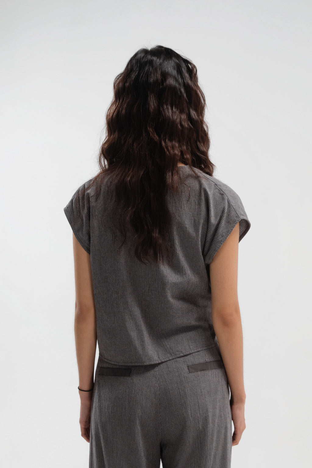 Wrap Crop Cap Sleeve Top (Grey Pinstripe)