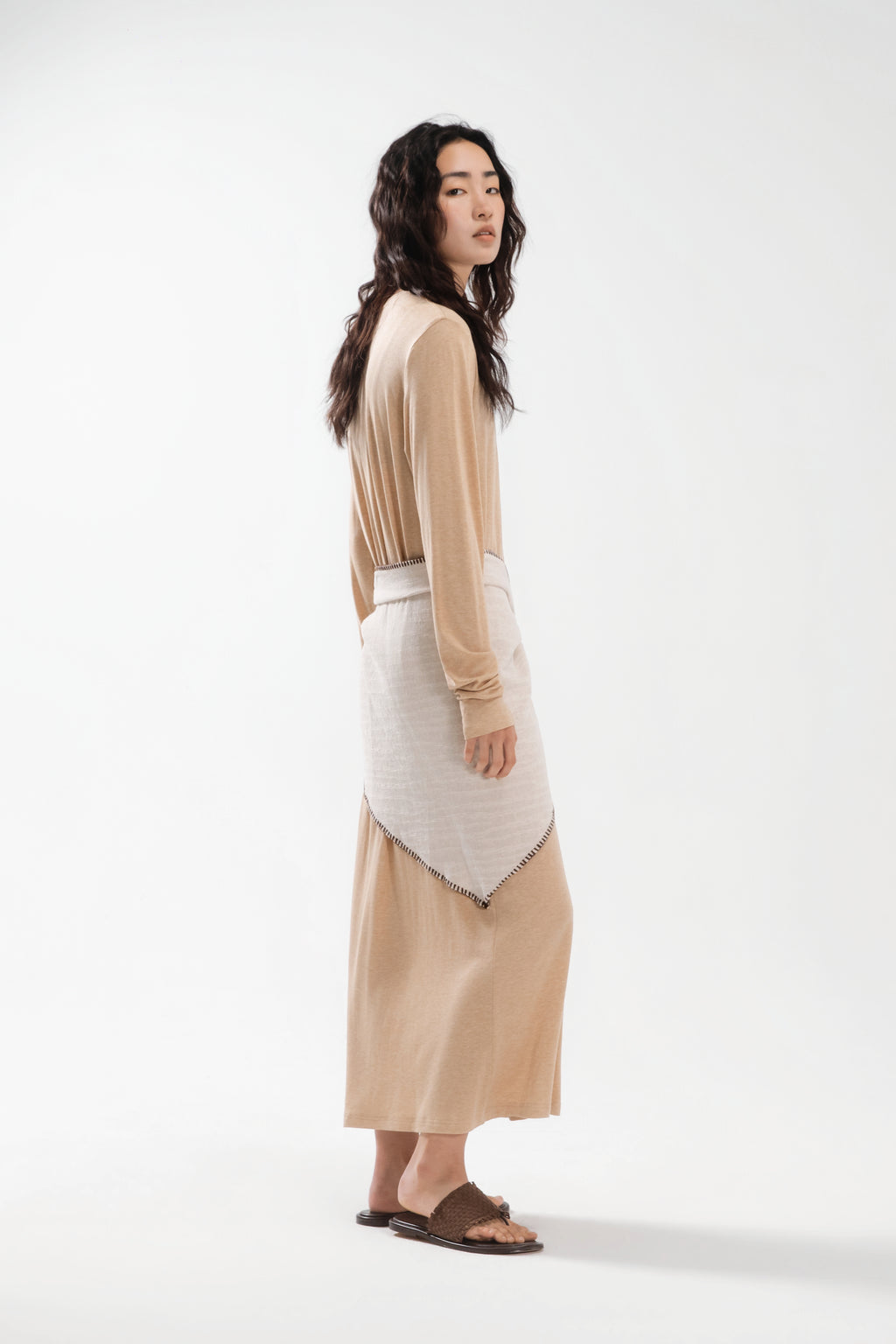 Lazy Thin Knit Long Sleeve Button Dress w/ Large Tri Scarf (Khaki w/ Aged Beige)