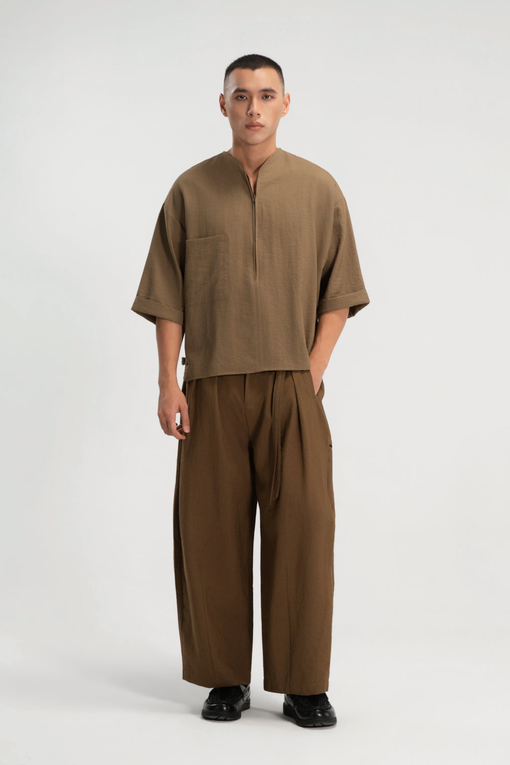 Gender Neutral Collarless Half-Zipper Shirt (Mud)