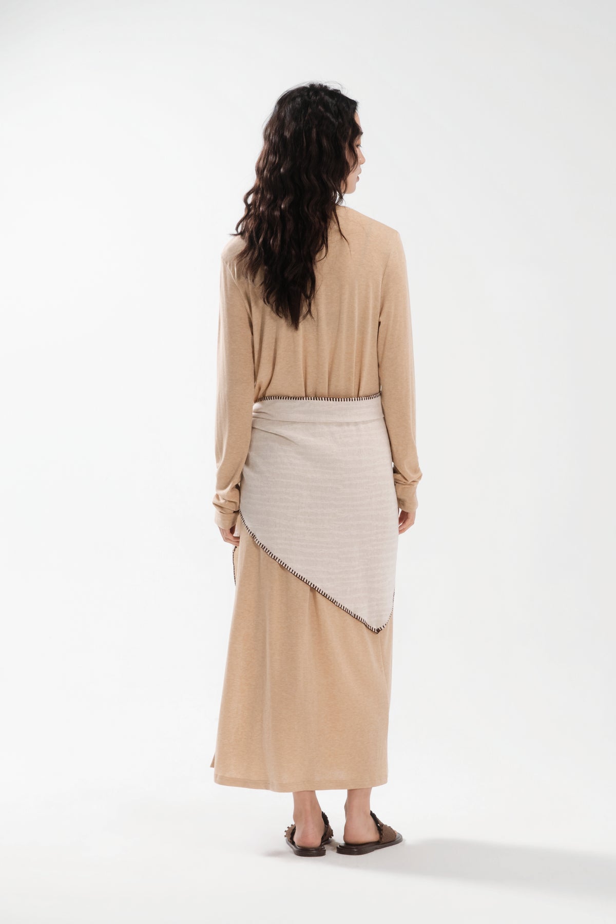 Lazy Thin Knit Long Sleeve Button Dress w/ Large Tri Scarf (Khaki w/ Aged Beige)