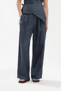Tri Pleated Belted Trousers (Linen Denim / Blue)