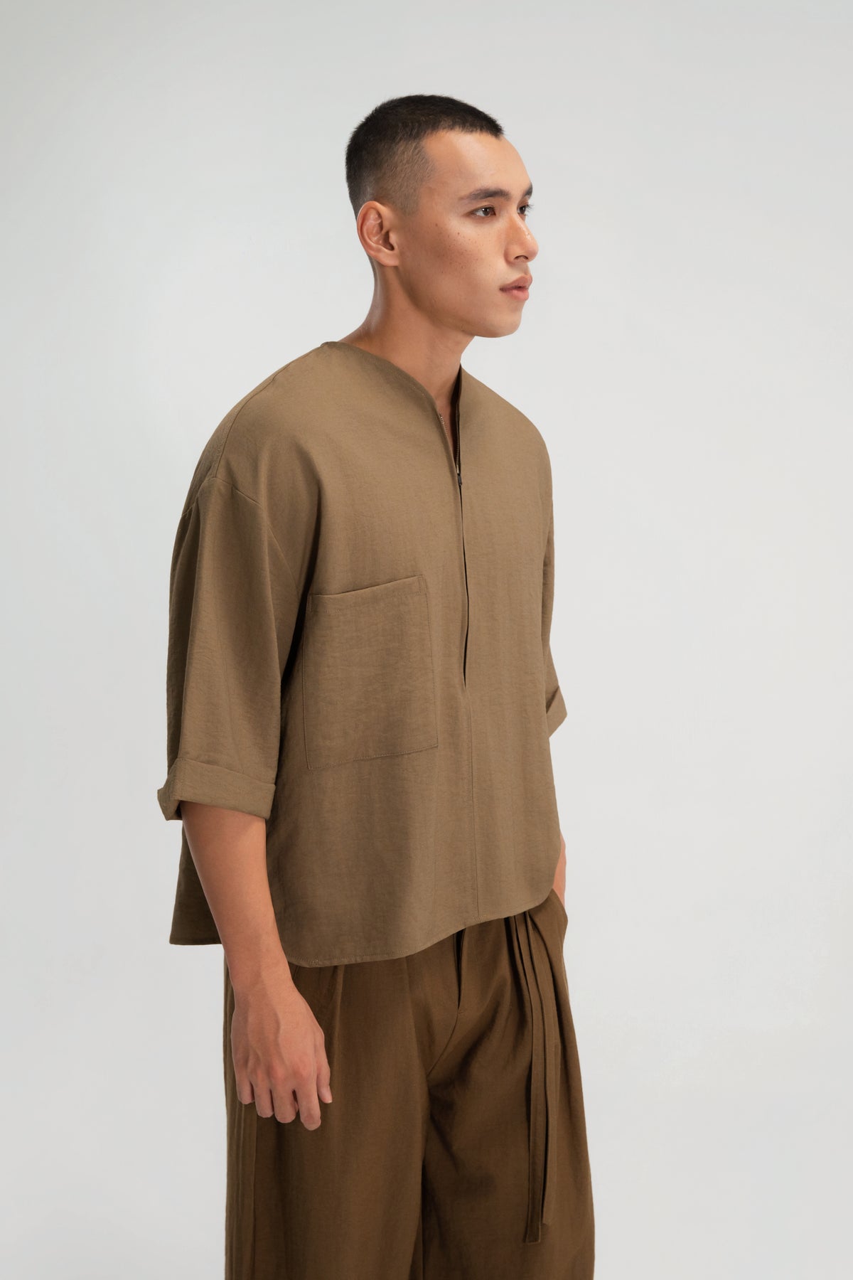 Gender Neutral Collarless Half-Zipper Shirt (Mud)