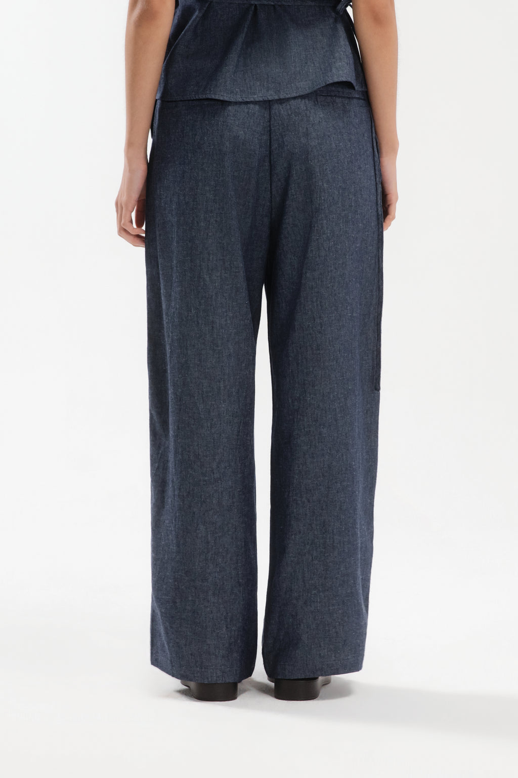 Tri Pleated Belted Trousers (Linen Denim / Blue)