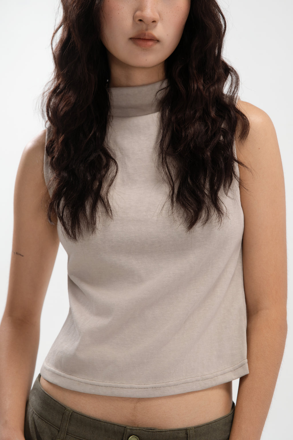 Slouchy Knit Semi High Neck Tank Top (Beige)