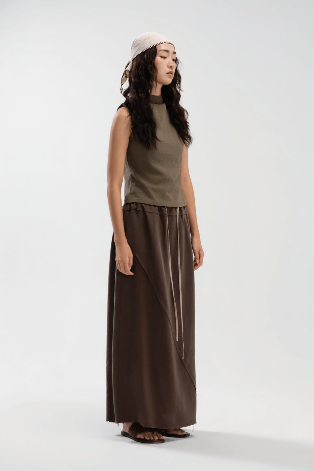 Raw Hem Long Skirt (Ash Brown)