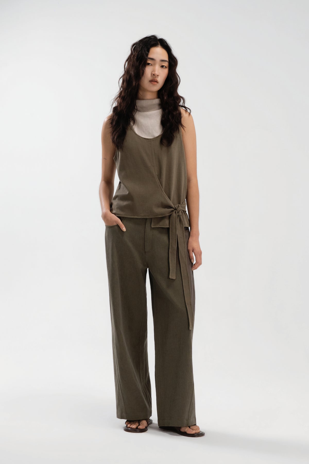 Slouchy Knit Semi High Neck Tank Top (Beige)