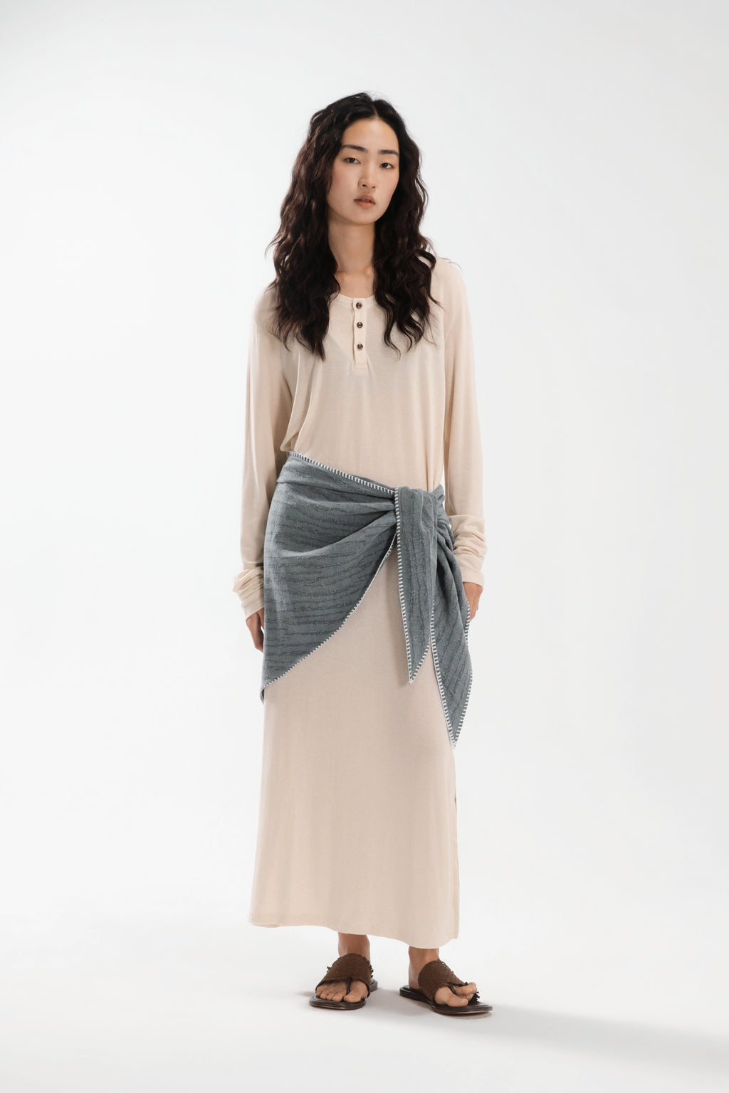 Lazy Thin Knit Long Sleeve Button Dress w/ Large Tri Scarf (Beige w/ Aged Teal)