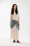 Lazy Thin Knit Long Sleeve Button Dress w/ Large Tri Scarf (Beige w/ Aged Teal)