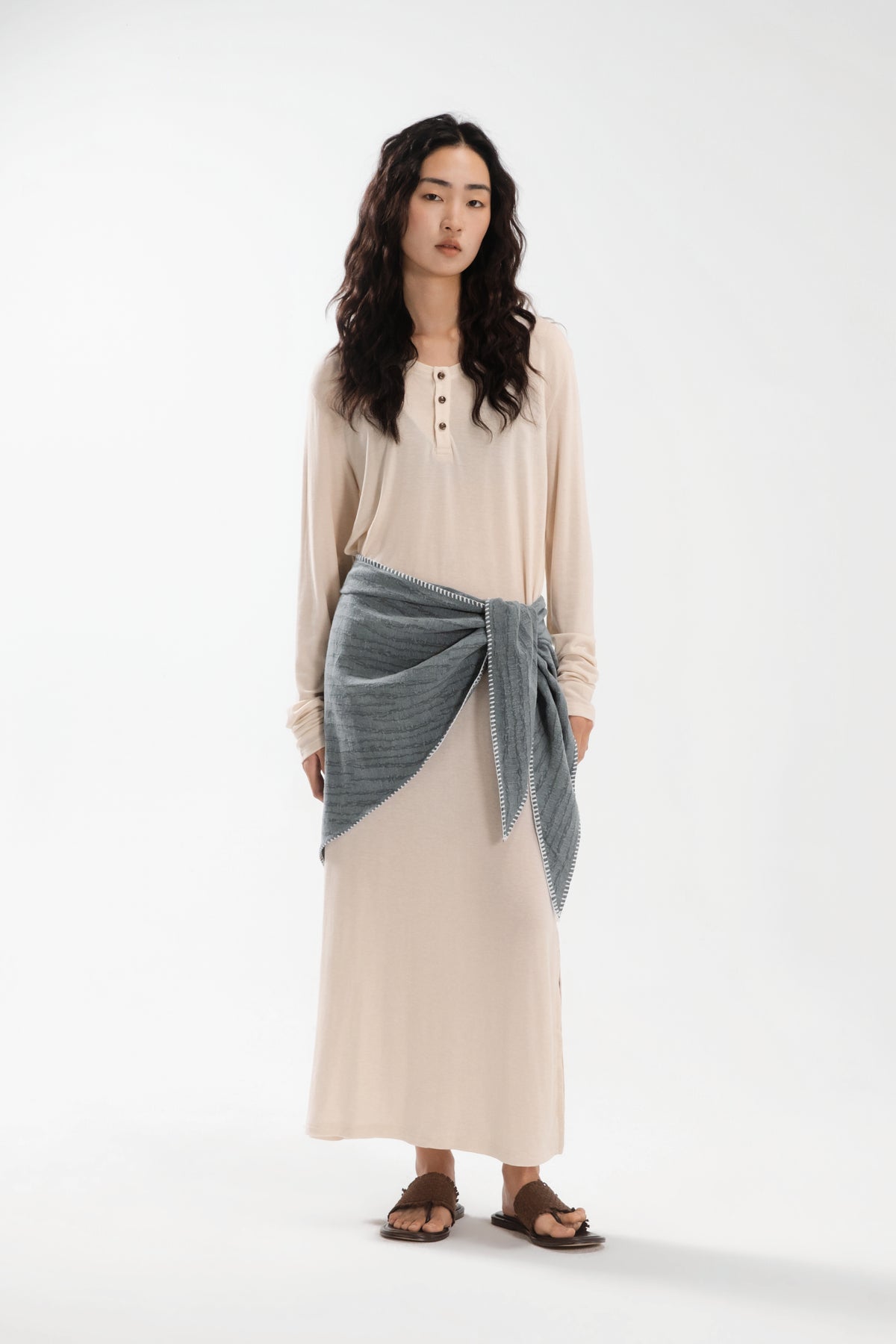 Lazy Thin Knit Long Sleeve Button Dress w/ Large Tri Scarf (Beige w/ Aged Teal)