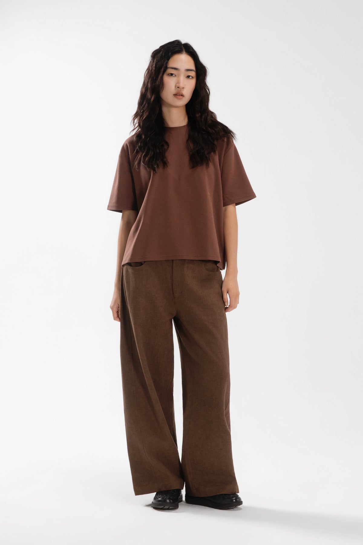 Gender Neutral Boxy Crop Waffle Tee (Brown)