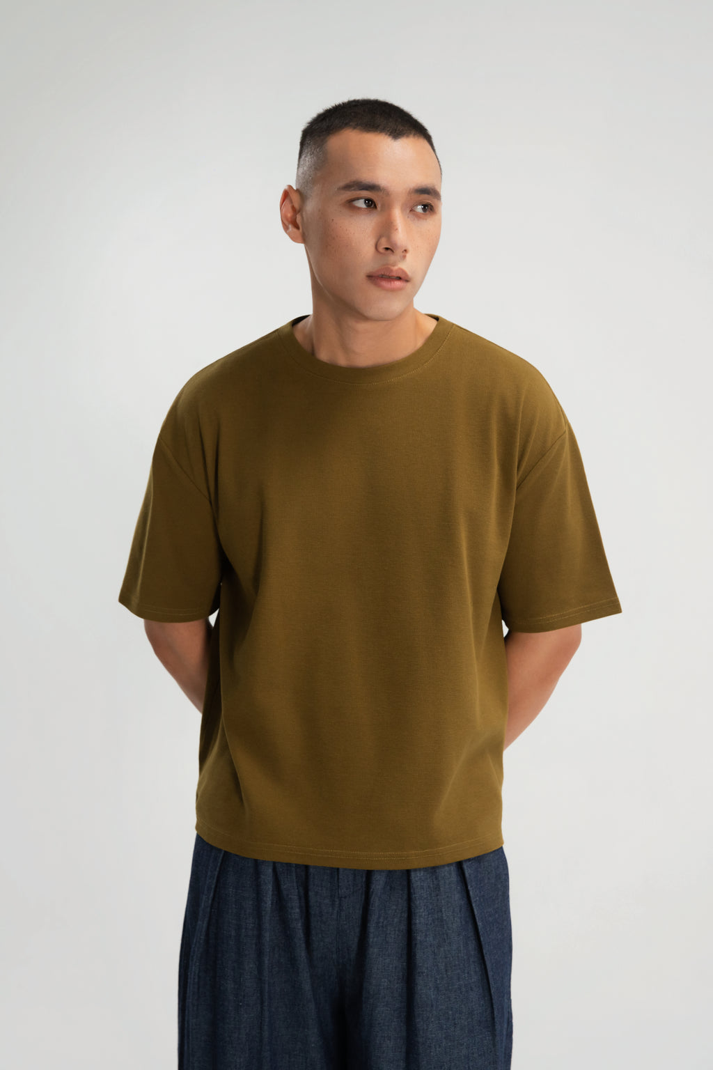 Gender Neutral Boxy Crop Waffle Tee (Olive)