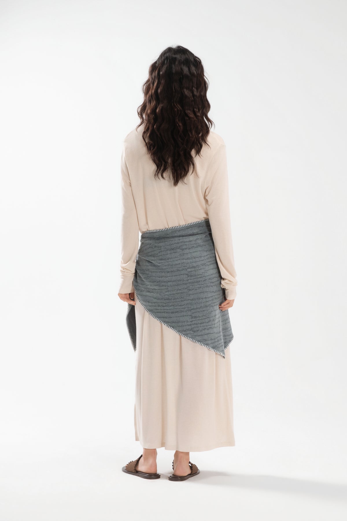 Lazy Thin Knit Long Sleeve Button Dress w/ Large Tri Scarf (Beige w/ Aged Teal)
