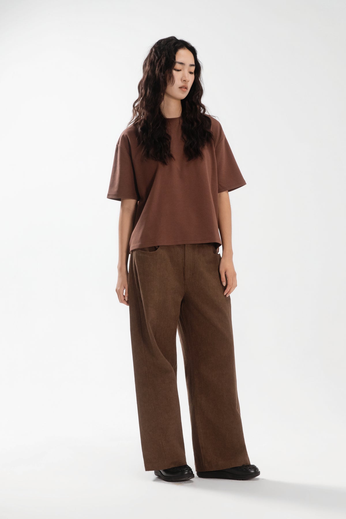 Gender Neutral Boxy Crop Waffle Tee (Brown)