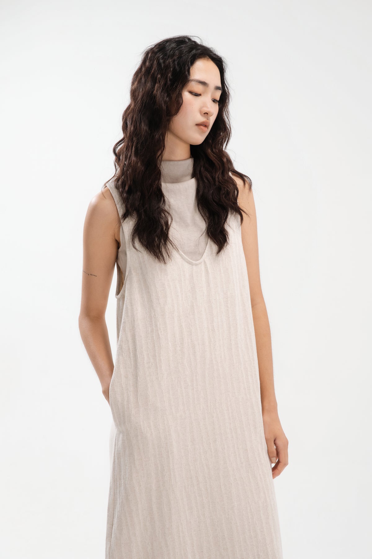 Front Deep-V Tank Cocoon Dress (Aged Beige)