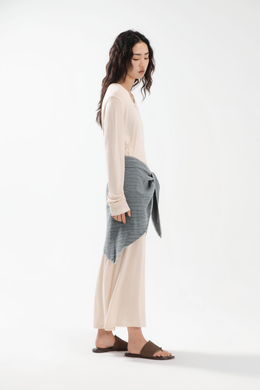 Lazy Thin Knit Long Sleeve Button Dress w/ Large Tri Scarf (Beige w/ Aged Teal)
