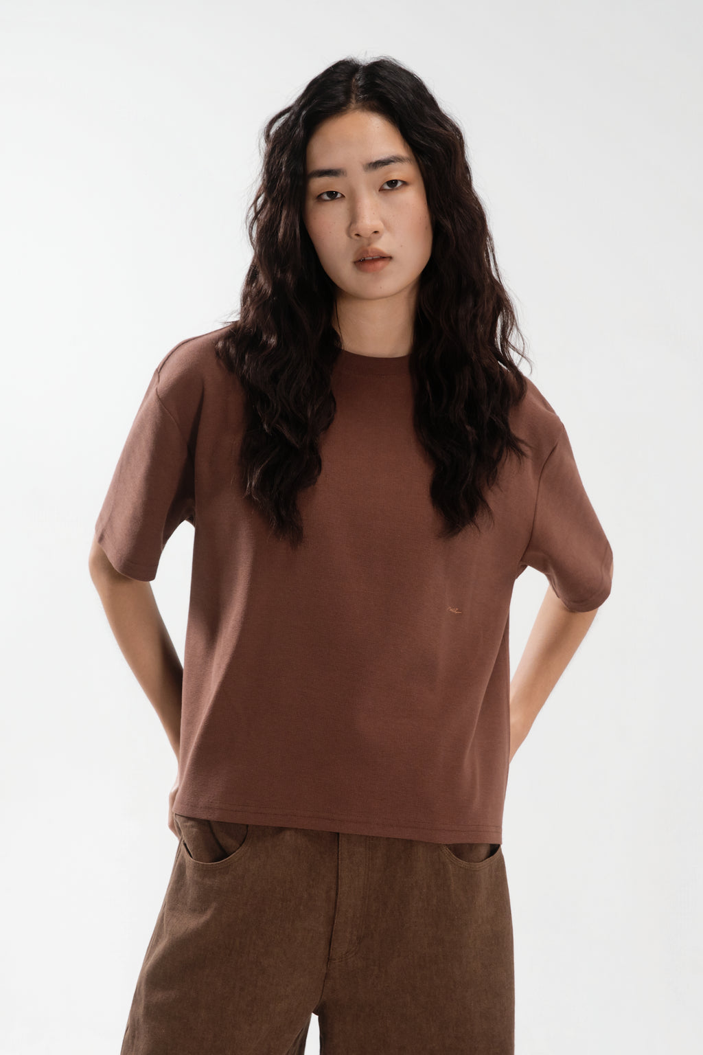 Gender Neutral Boxy Crop Waffle Tee (Brown)