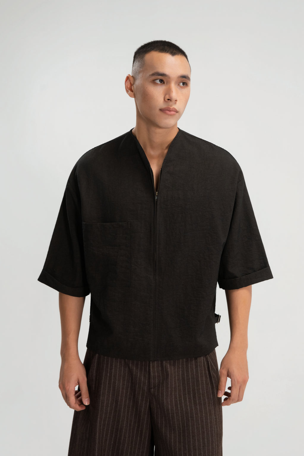 Gender Neutral Collarless Half-Zipper Shirt (Dark Grey)