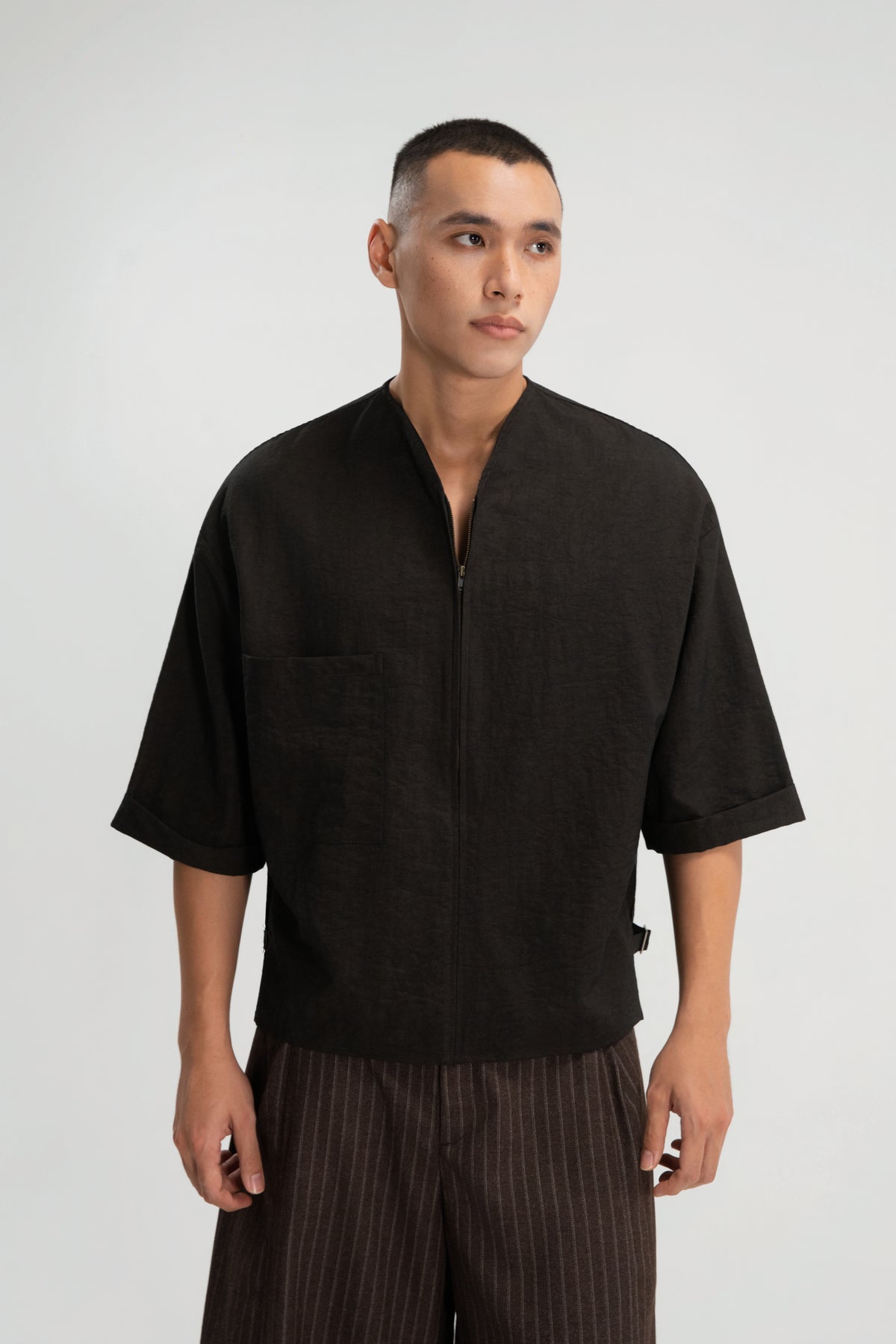 Gender Neutral Collarless Half-Zipper Shirt (Dark Grey)