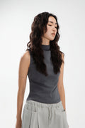 Slouchy Knit Semi High Neck Tank Top (Blue)
