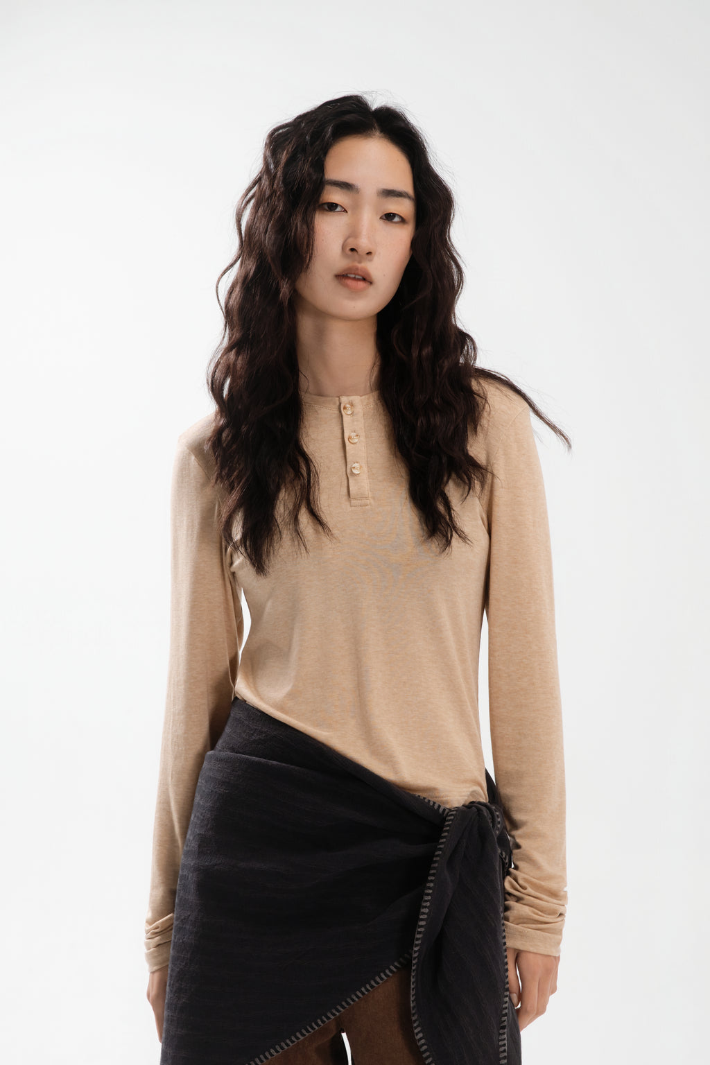 Lazy Thin Knit Long Sleeve Button Top (Khaki)