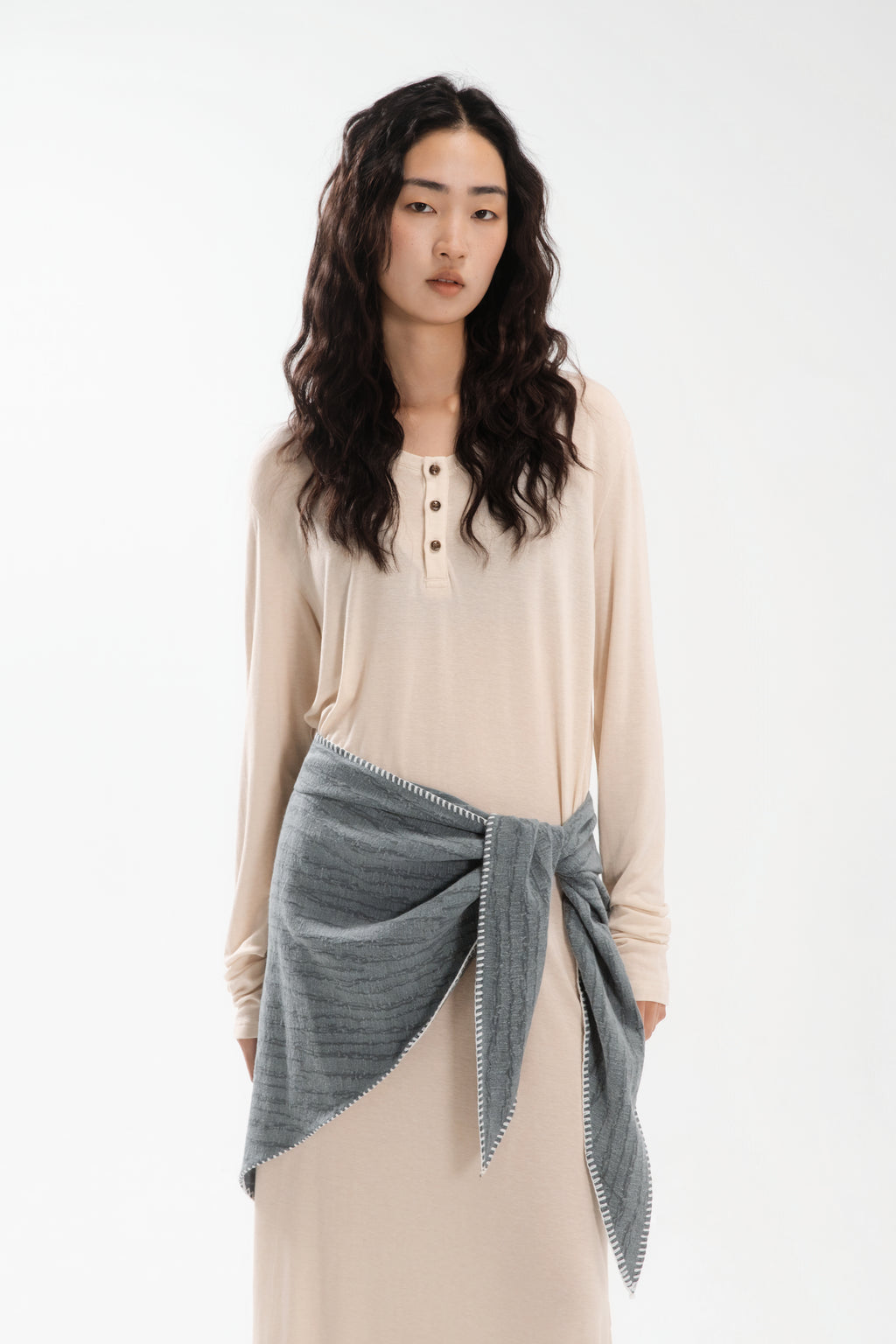 Lazy Thin Knit Long Sleeve Button Dress w/ Large Tri Scarf (Beige w/ Aged Teal)
