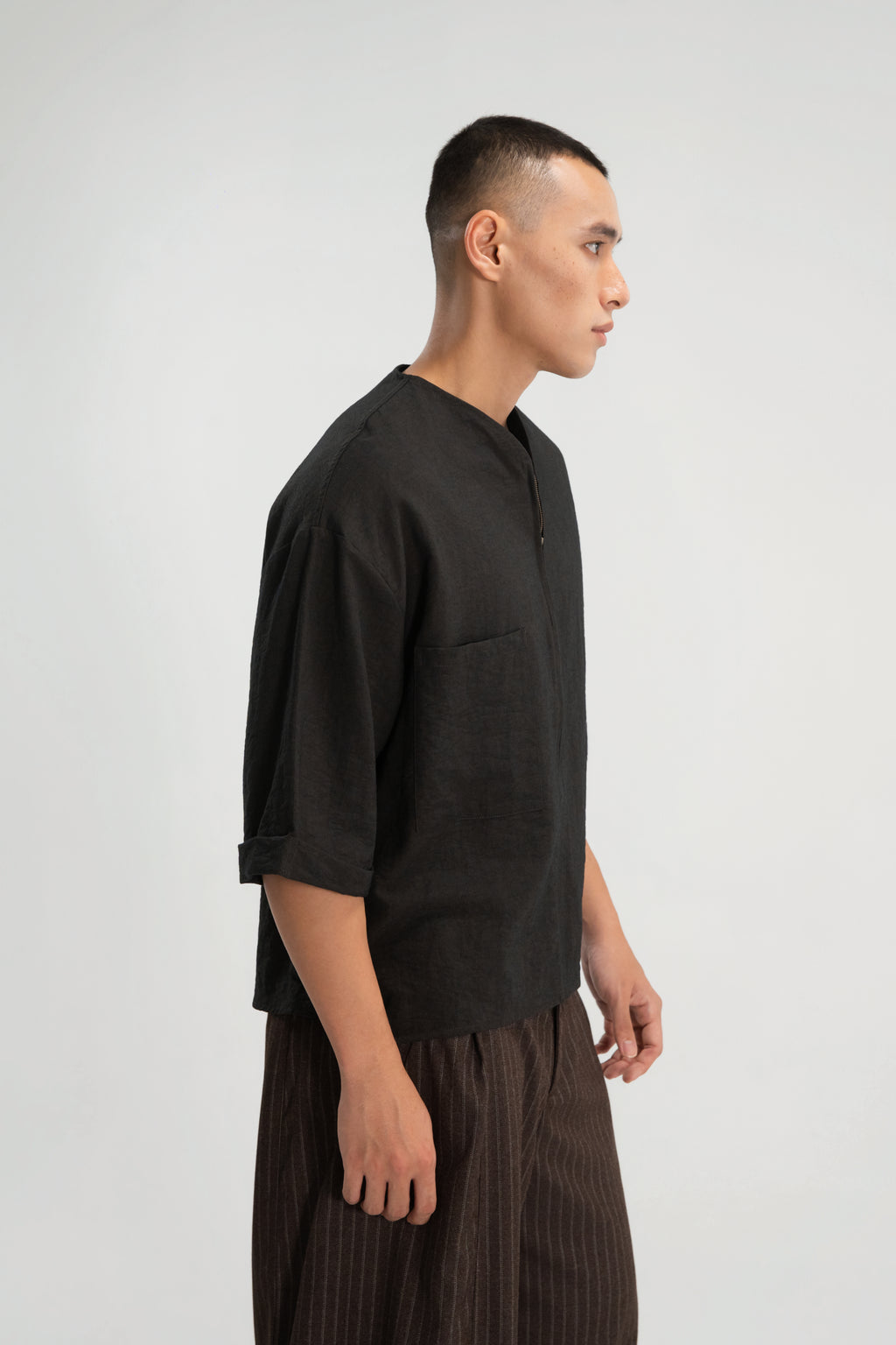 Gender Neutral Collarless Half-Zipper Shirt (Dark Grey)