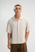 Gender Neutral Drawstring Hem Hidden Button Short Sleeve Shirt (Beige)