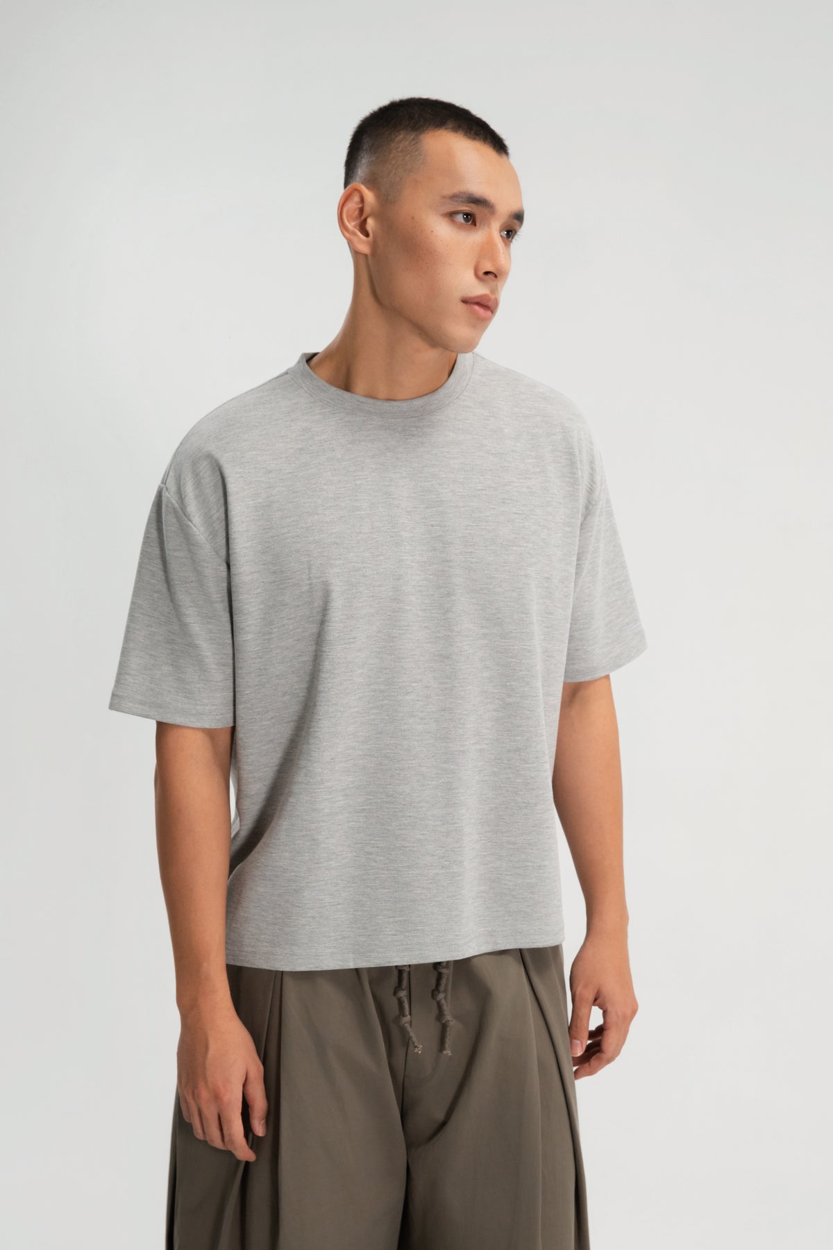Gender Neutral Boxy Crop Waffle Tee (Grey Grain)