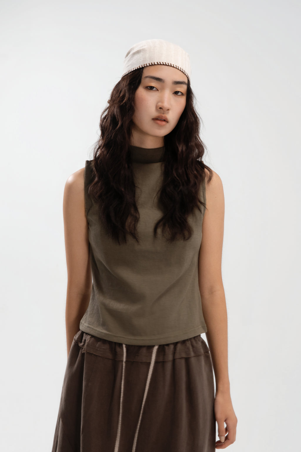Slouchy Knit Semi High Neck Tank Top (Tea)