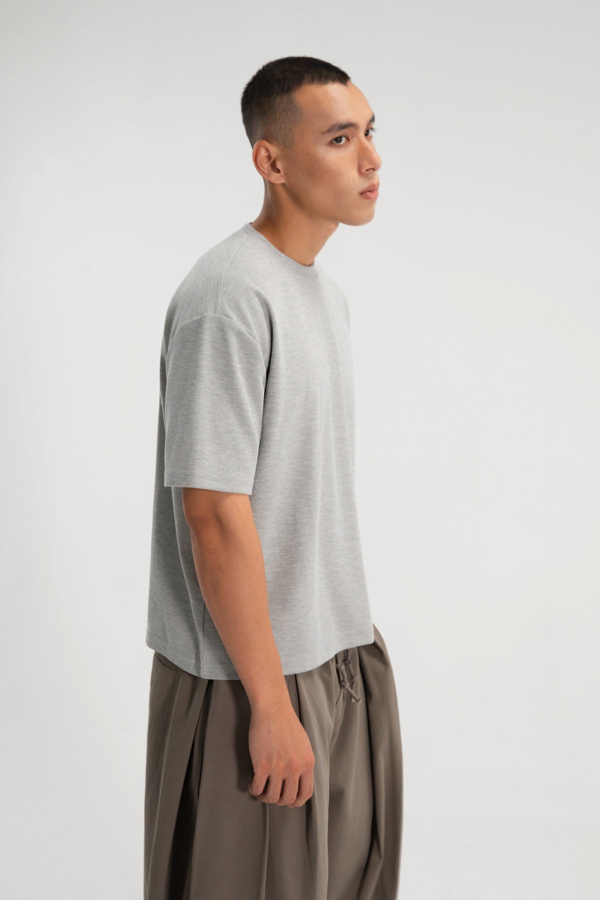 Gender Neutral Boxy Crop Waffle Tee (Grey Grain)