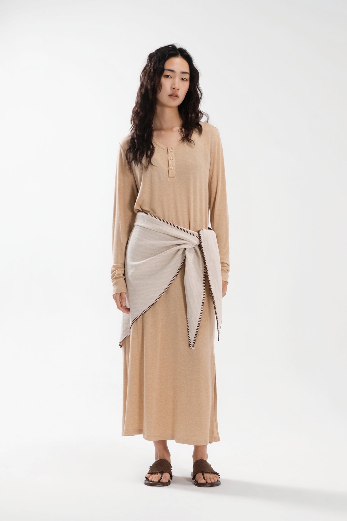 Lazy Thin Knit Long Sleeve Button Dress w/ Large Tri Scarf (Khaki w/ Aged Beige)