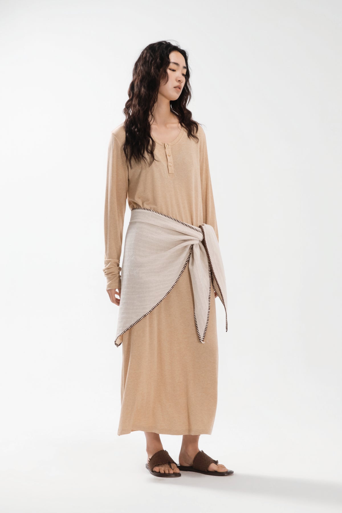 Lazy Thin Knit Long Sleeve Button Dress w/ Large Tri Scarf (Khaki w/ Aged Beige)