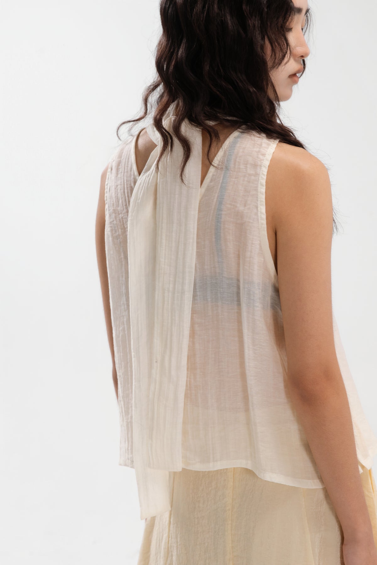 Sheer Pleated High Neck Scarf Top (Light Yellow)
