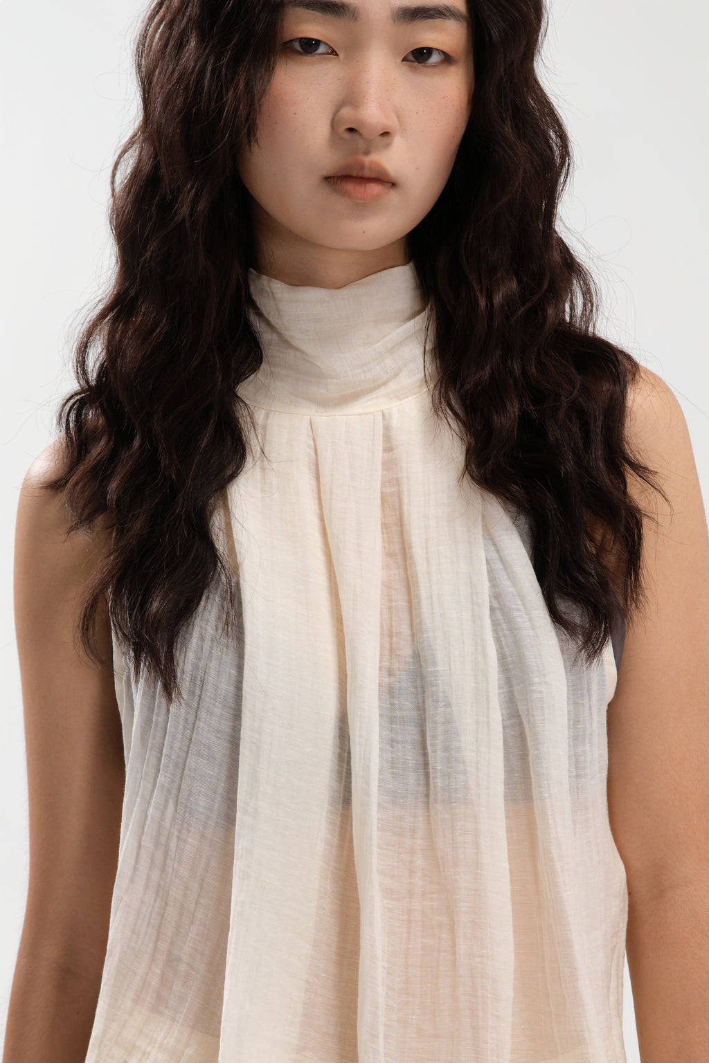 Sheer Pleated High Neck Scarf Top (Light Yellow)