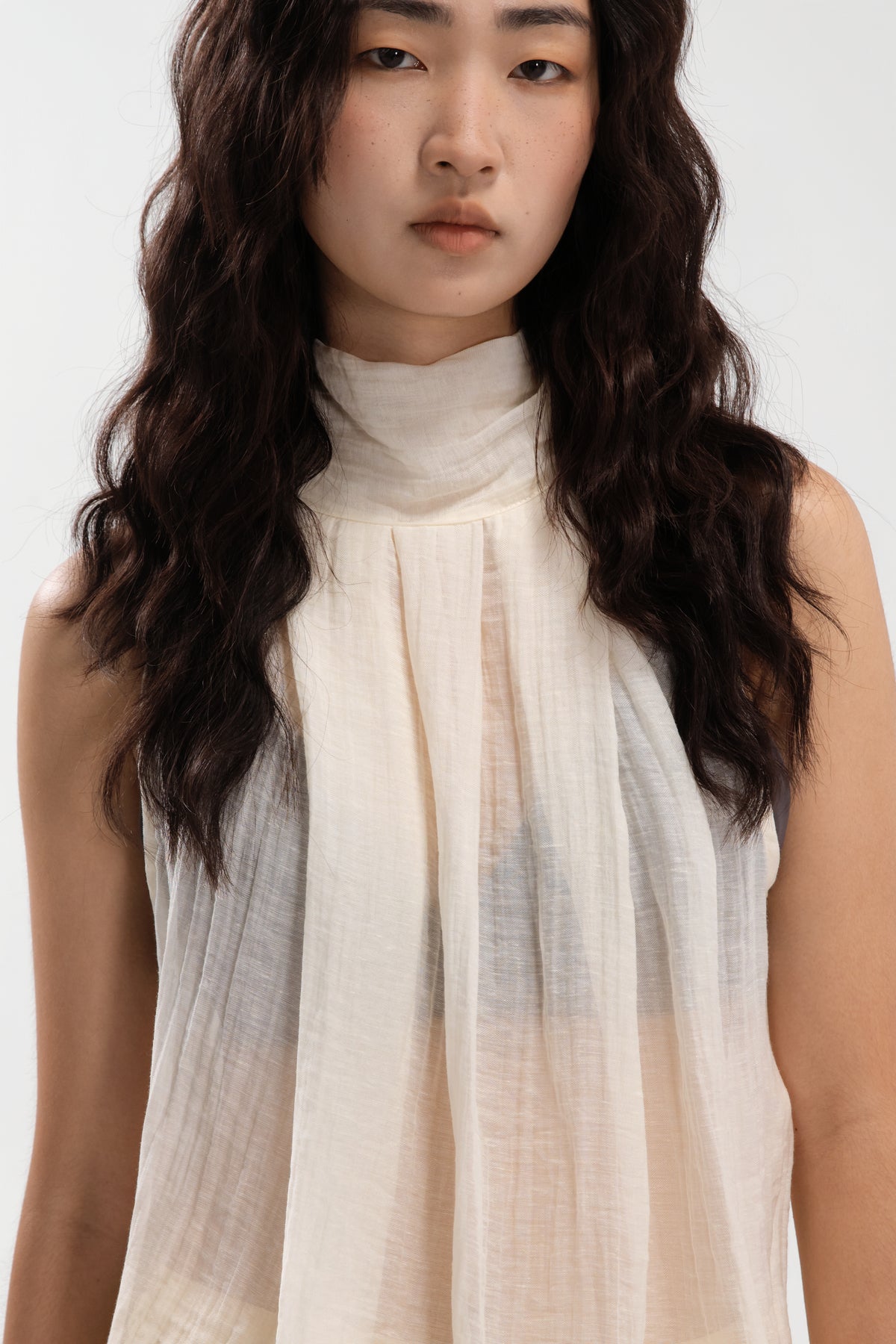 Sheer Pleated High Neck Scarf Top (Light Yellow)