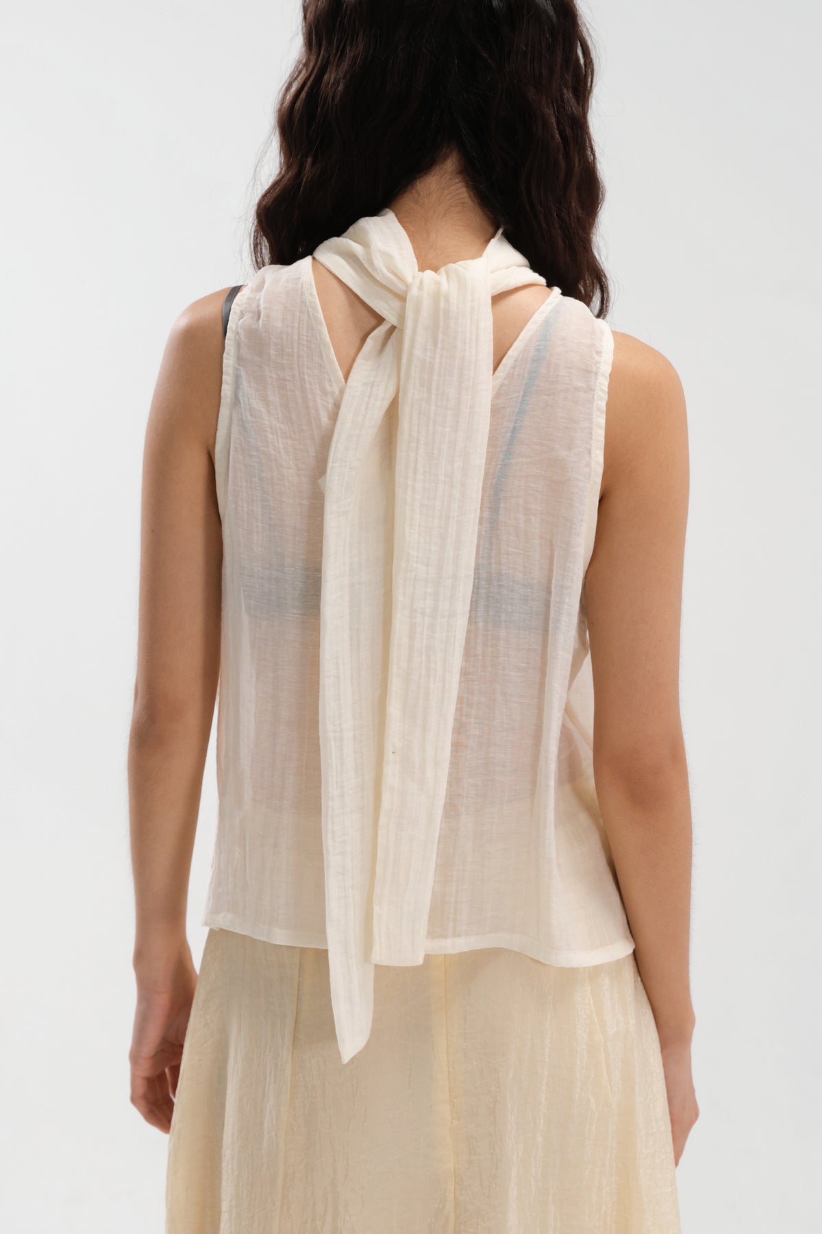 Sheer Pleated High Neck Scarf Top (Light Yellow)