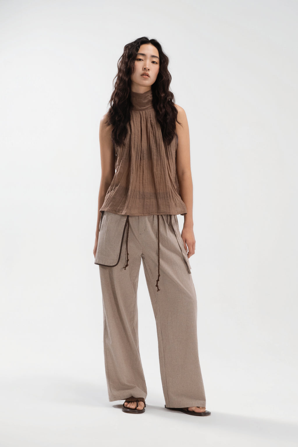 Sheer Pleated High Neck Scarf Top (Brown)