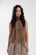 Sheer Pleated High Neck Scarf Top (Brown)