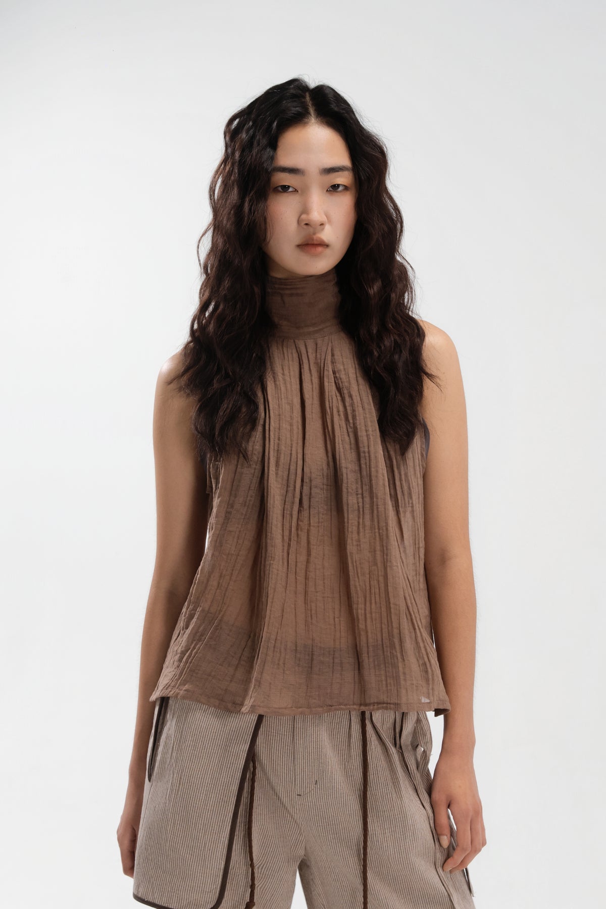 Sheer Pleated High Neck Scarf Top (Brown)