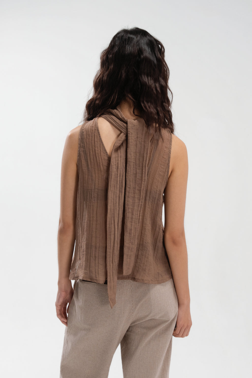 Sheer Pleated High Neck Scarf Top (Brown)