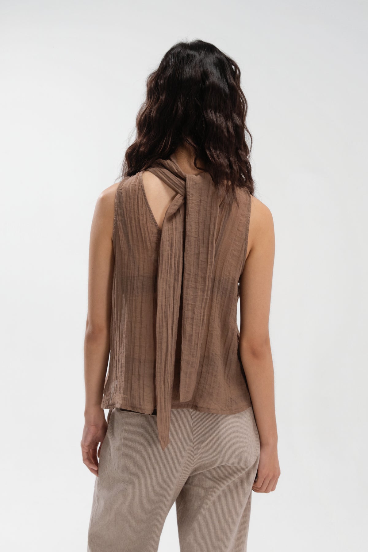 Sheer Pleated High Neck Scarf Top (Brown)