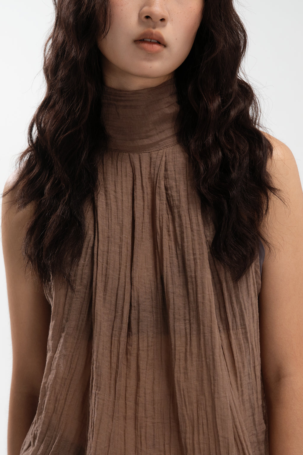 Sheer Pleated High Neck Scarf Top (Brown)
