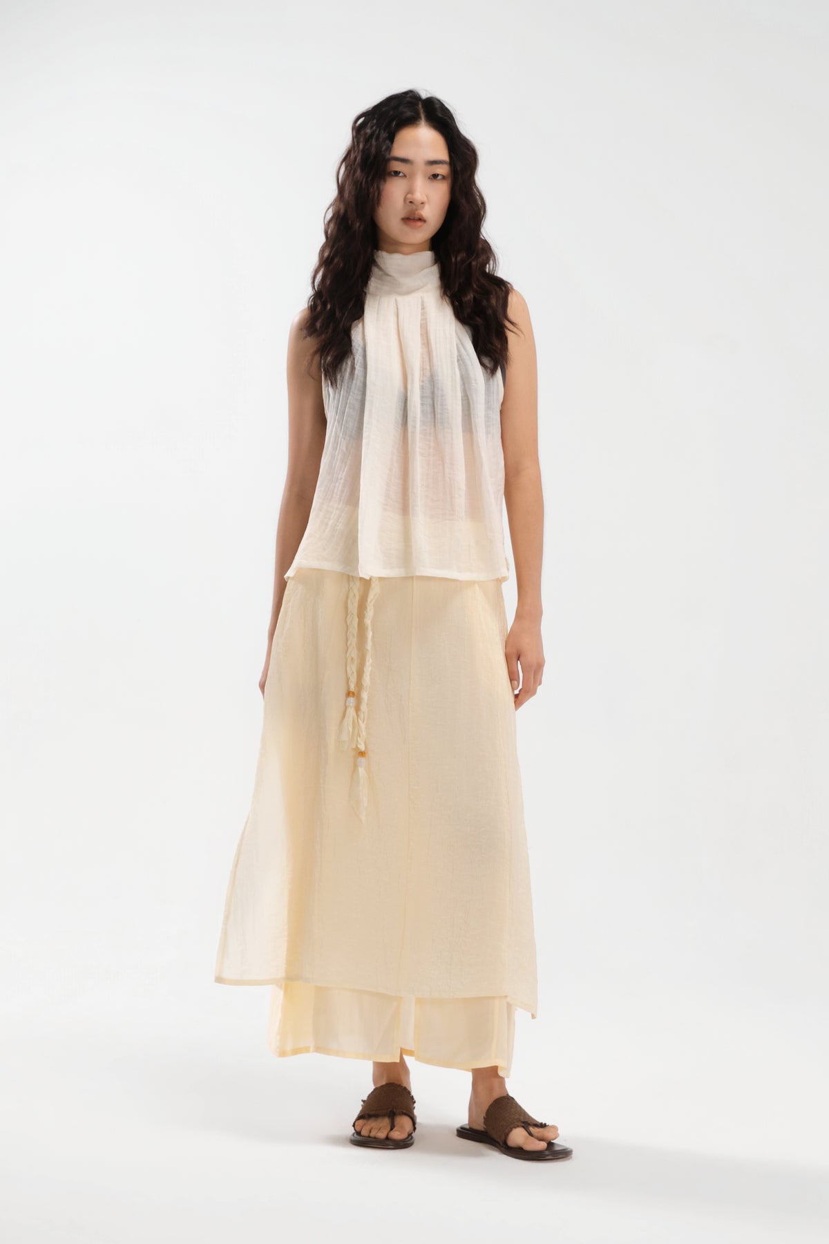 Sheer Pleated High Neck Scarf Top (Light Yellow)